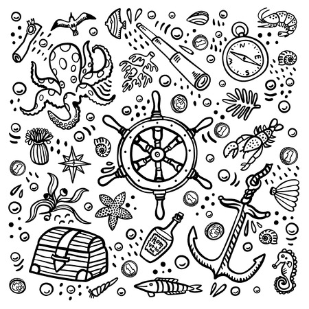 Sea adventures coloring page. Marine hand drawn vector objects. Doodle style vector illustrationのイラスト素材