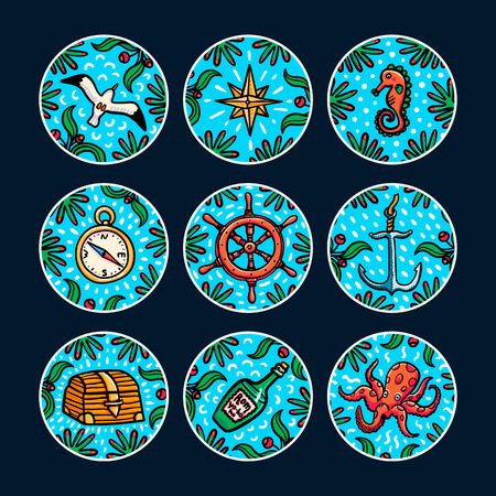 Sea adventures sticker set. Marine hand drawn vector objects. Doodle style vector illustrationのイラスト素材