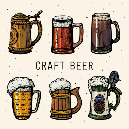 Craft beer. Retro style beer mugs engraving. Hand drawn Craft beer cups. Vintage engraving illustration for poster oktoberfest. Pint sketch style. Vectorのイラスト素材