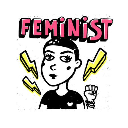 Feminist print. Girl portrait and feninist text on white background. Feminist movement, protest action, girl power. Vector illustrationのイラスト素材