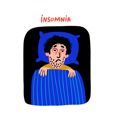 Psychology. Sleep disorder. Man character with insomnia in bed. Sleepless male person with tired sadness face and red eyes. Doodle slyle flat vector illustrationのイラスト素材