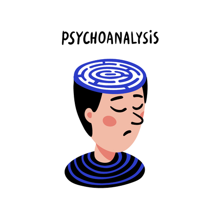 Psychology. Psychoanalysis. Man character with maze in head. Psychology help concept, therapy, neurological diseases, solution of psychological problems. Doodle style flat vector illustrationのイラスト素材