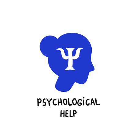 Psychology. Psychological help. Female head profile with Psi letter inside.Brain and mental health vector icon or logo. Doodle style flat vector illustration.のイラスト素材