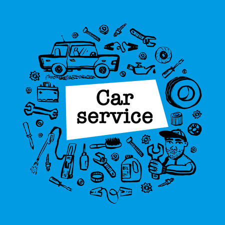 Car service concept. Round shape frame with car parts and tools, car service, tire service, car repair etc. Doodle ink style vector illustrationのイラスト素材