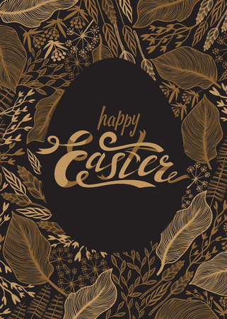 Easter greeting card. Easter lettering in gold on dark background with golden herbs and flowers. Vector illustrationのイラスト素材