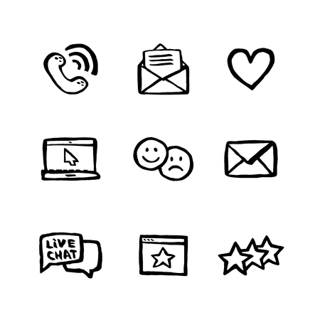Naive style icon set. Call center concept. Customer service chat. Doodle ink style Set of testimonials related vector hand drawn line icons. Contains such Icons as rating, feedback, review, emotionのイラスト素材