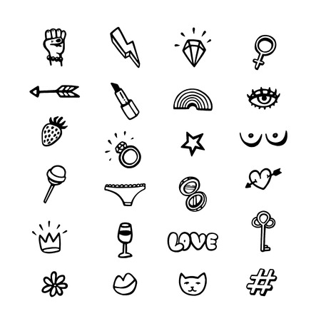 Girl power movement. Doodle style Feminist set of icons on white background. Feminist movement, protest action, girl power. Vector illustrationのイラスト素材