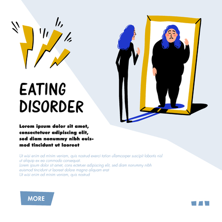 Psychology. Eating disorder, anorexia or bulimia concept. Slim young woman looking in mirror and seeing herself as overweight. Doodle style flat vector illustration.のイラスト素材