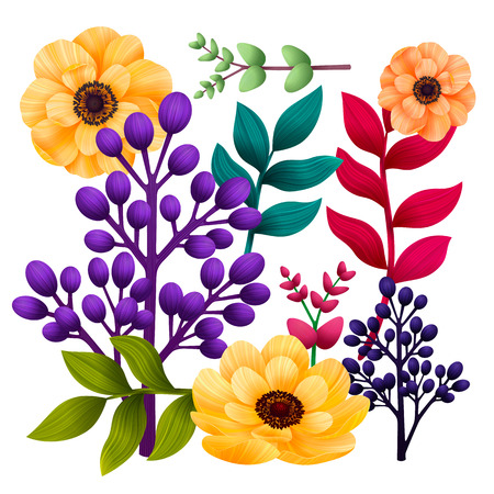 Set botanic of elements. Garden and wild foliage, flowers and branches isolated on white background, Exotic, tropical plants. Vector illustrationのイラスト素材