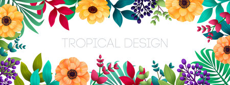 Colorful summer tropical background with exotic palm leaves and flowers. Horizontal banner, cover. Vector floral background.のイラスト素材