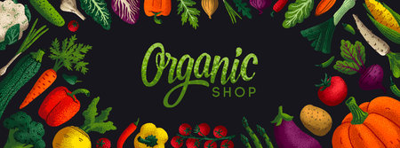 Wide horizontal Healthy eating background. Copy space. Variety of decorative vegetables with grain...