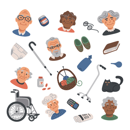 Senior lifestyle flat icons set with elderly people portraits and elements. Nursing home. Senior people healthcare assistance flat Vector illustrationのイラスト素材