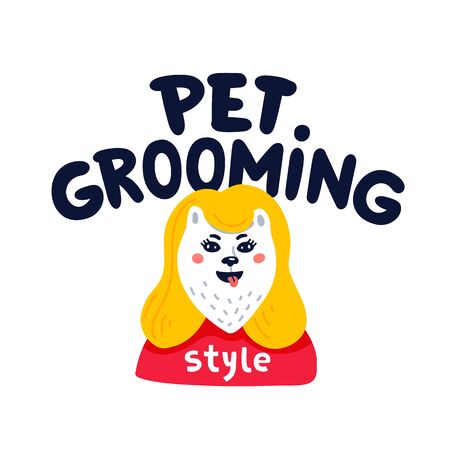 Pet grooming. Happy dog pet grooming lettering on white background. Dog care, grooming, hygiene, health. Pet shop, accessories. Flat style vector illustrationのイラスト素材