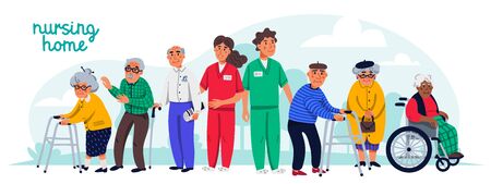 Nursing home concept. Group of elderly people and social workers. Horizontal banner or cover. Senior people healthcare assistance flat Vector illustrationのイラスト素材