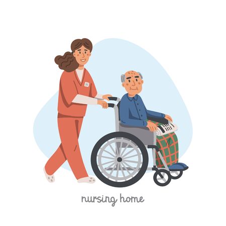Elderly man in wheelchair and female nurse on white background. Social worker walking with grandfather in a wheelchair. Nursing home. Senior people flat Vector illustrationのイラスト素材