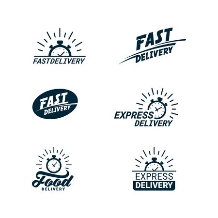 Set of Delivery Related monochrome icons with timer and fast, food, or express delivery inscriptions. Flat style vector illustration isolated on white backgroundのイラスト素材
