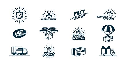 Big Delivery related monochrome Icons set.  with timer and fast, food, trucks, boxes and so on. Flat style vector illustration isolated on white backgroundのイラスト素材