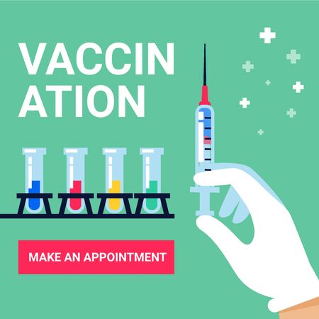 Vaccination web banner. Syringe in doctor hand, test tube vaccines and button on green background. Flat stylr vector illustration.のイラスト素材