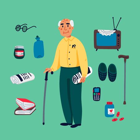 Cute grandfather walking with a stick and some elderly items on a green background. Flat style Vector illustration.のイラスト素材