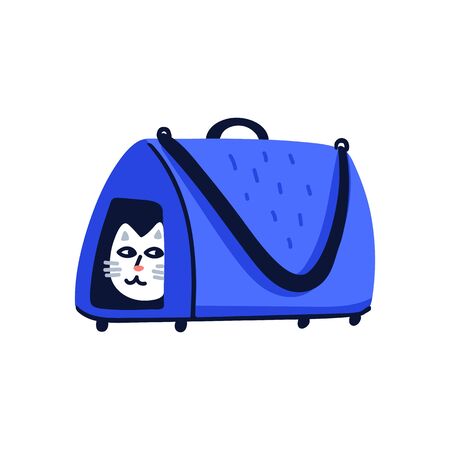 Pet grooming concept. White cat sitting in a cat carrier. Cat care, grooming, hygiene, health. Pet shop, accessories. Flat style vector illustration on white backgroundのイラスト素材