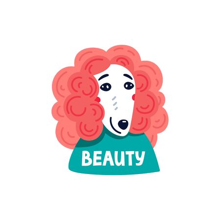 Happy cartoon puppy poodle portrait on white background. Dog beauty salon. Funny puppy character in the spa. Dog care, grooming, hygiene, health. Pet shop, accessories. Flat style vector illustrationのイラスト素材