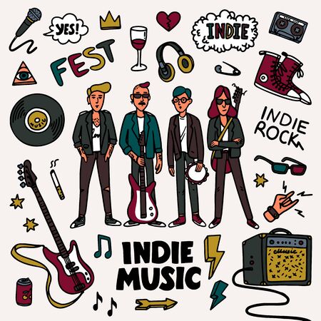 Indie rock music set. Illustration of musicians and related objects such as guitar, sound amplifier, rock inscriptions. Template for banner, card, poster, t-shirt print, pin badge patch. Vectorのイラスト素材