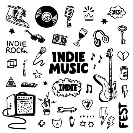 Indie rock music tatoos set. Black and white illustration of music related objects such as guitar, sound amplifier, rock inscriptions. Template for tattoo list, card, poster, t-shirt print, pin badge patch. Vectorのイラスト素材