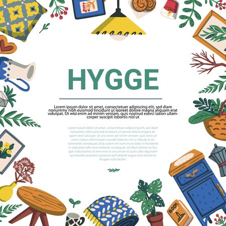 Hygge. Scandinavian lifestyle frame template. Illustration cozy home things like pillow, plants, furniture and copyspace. Lagom. Colorful flat vector illustrationのイラスト素材