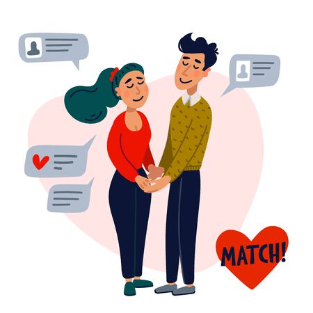 Online dating concept. Girl and boy holding hands surrounded by chat messages. Flat style vector illustrationのイラスト素材