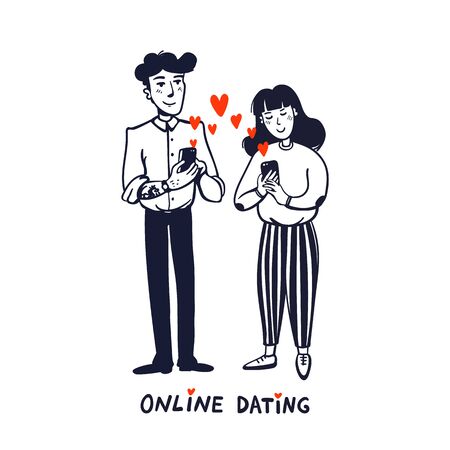 Online dating concept. Young man and woman searching for love with a Mobile phone application. Doodle style vector illustration on white backgroundのイラスト素材