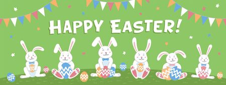 Happy easter horizontal banner or cover. Easter cartoon bunnies with eggs and happy easter inscription on green background. Flat style vector illustration.のイラスト素材