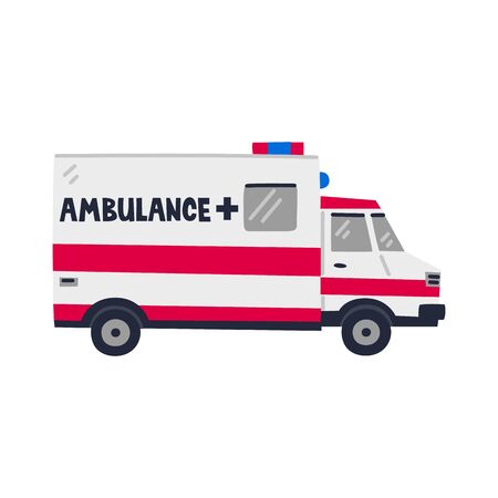 Ambulance car. Emergency Help service. Side view of Red emergency car on white background. Simple flat style vector illustrationのイラスト素材