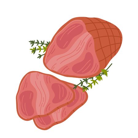 Ham. Meat delicatessen on white background. Slices of smoked juicy pink ham. Simple flat style vector illustrationのイラスト素材