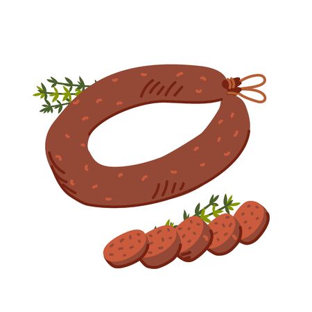Kielbasa sausage. Meat delicatessen on white background. Slices of typical polish U-shaped smoked sausage. Simple flat style vector illustrationのイラスト素材