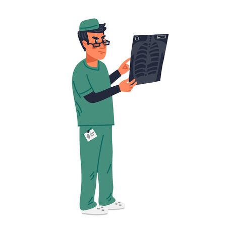 Radiologist. Radiology Doctor looking at results of patient lung x-ray scan. Medical team in conditions of coronavirus pandemic. Flat style vector illustration on white backgroundのイラスト素材