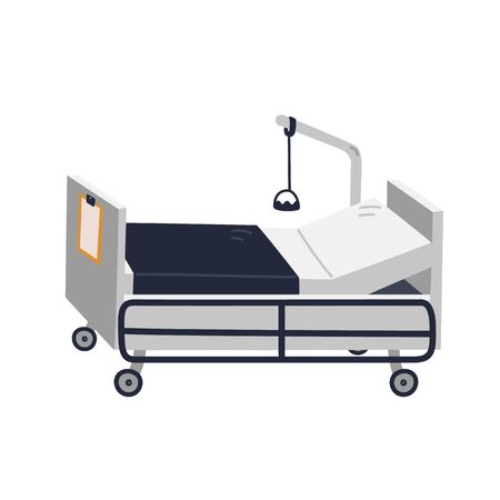 Hospital bed. Empty intensive care unit - medical equipment. Healthcare and treatment in modern clinic Flat style vector illustration on white backgroundのイラスト素材