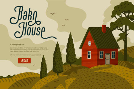 Red farm house. Rural landscape with Barn house in rustic style on green field with cypresses. Vector illustration in flat cartoon styleのイラスト素材