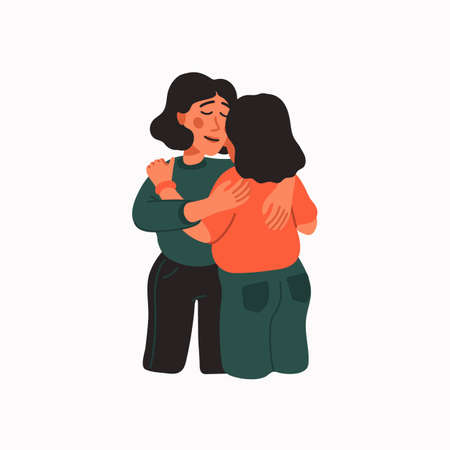 Empathy. Empathy and Compassion concept - young woman hugging a sad woman. Helping hand or psychological care, sisterhood. Vector illustration in flat cartoon style on white background.のイラスト素材