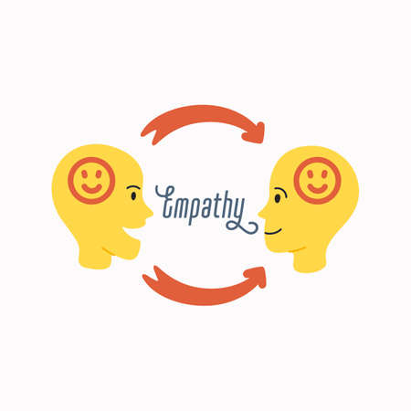 Empathy. Empathy and exchange of emotions concept - silhouettes of two human heads with an abstract image of emotions inside. Vector illustration in flat cartoon style on white backgroundのイラスト素材