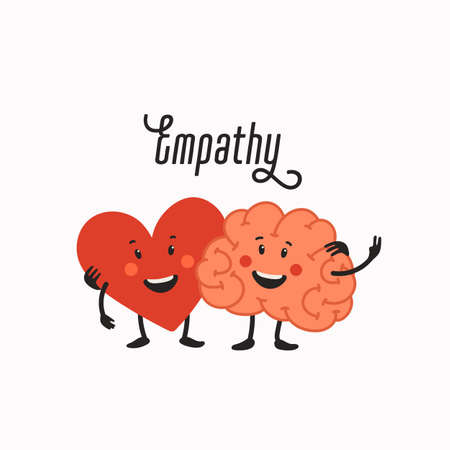 Empathy. Heart and brain teamwork - balance between emotions and rationality. Helping hand or psychological care. Vector illustration in flat cartoon style on white background.のイラスト素材