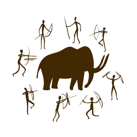 Cave paintings - ancient hand-painted petroglyphs. Mammoth and hunters in a primitive tribal style. Vector illustration.のイラスト素材