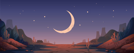 Desert landscape background. Night Panoramic landscape with desert mountains and half-moon. Vector illustration in flat cartoon styleのイラスト素材