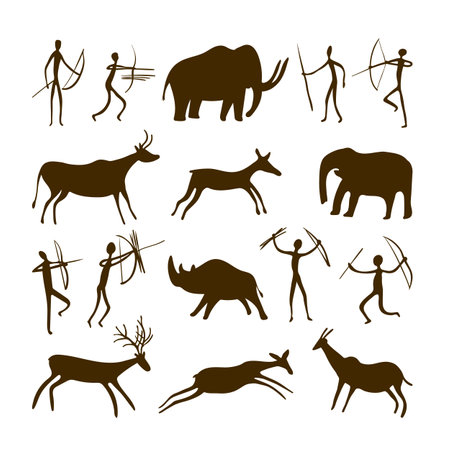 Cave paintings - ancient hand-painted petroglyphs. Various animals and hunters in a primitive tribal style. Vector illustration.のイラスト素材