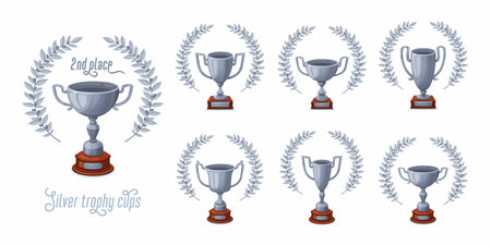 Silver trophy cups with laurel wreaths. Trophy award cups set with different shapes - 2nd place winner trophies. Cartoon style vector illustration.のイラスト素材