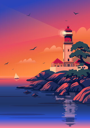 Lighthouse - vector landscape. Sea landscape with beacon on the beach at sunset. Vector illustration in flat cartoon style.のイラスト素材
