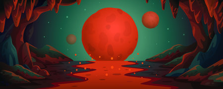 Mars - vector cartoon background. Marsian cave landscape with an underground lava river and red planets. Vector illustration in flat cartoon styleのイラスト素材