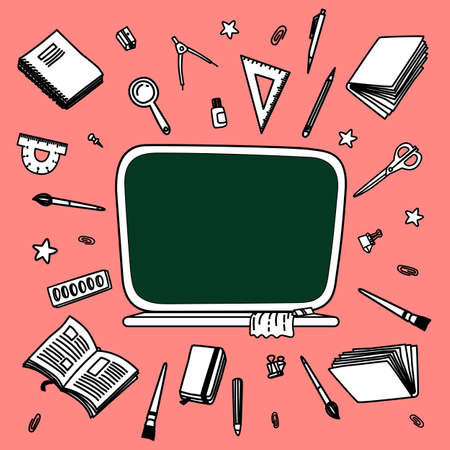 Back to school vector background. Line vector doodle illustration on pink background. Sketchy vector design with school board and stationery for graphic design, web banners and printsのイラスト素材