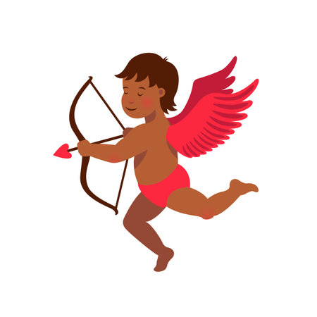 Cute Black cupid with bow and arrow - Love day greeting card. Vector illustrationのイラスト素材