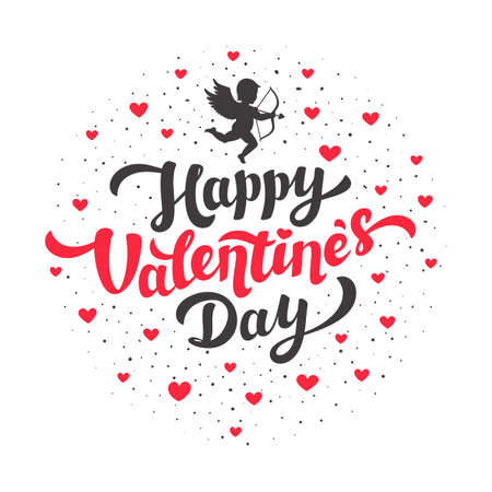 Happy Valentines day lettering with hearts on white background. Love day greeting card. Vector illustrationのイラスト素材