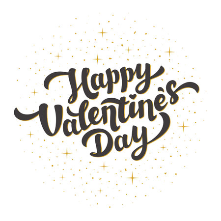 Happy Valentines day quote and lettering with golden dust in vintage style on white background. Love day greeting card. Vector illustrationのイラスト素材